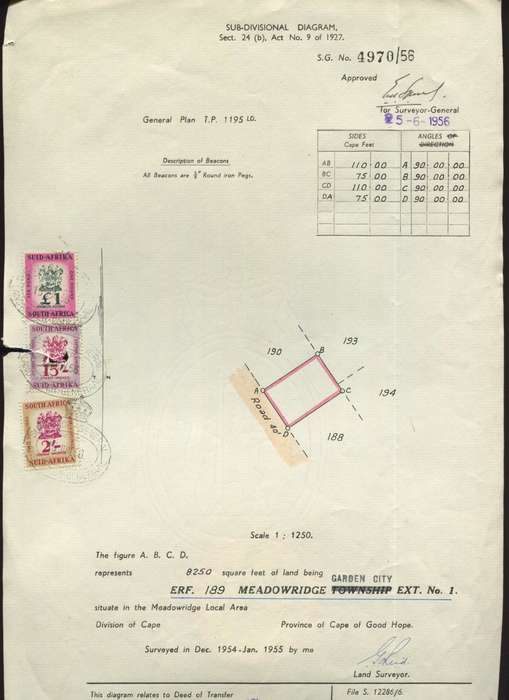 Union of SA - Document - Sub-Division - 1 x 2 /-  , 1 x 15 /-  and 1 x 1 pound 1954 Stamps