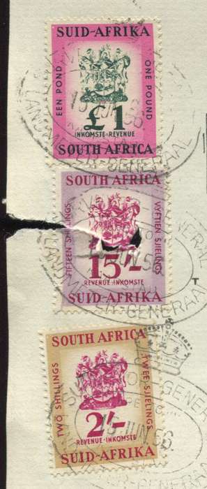 Union of SA - Document - Sub-Division - 1 x 2 /-  , 1 x 15 /-  and 1 x 1 pound 1954 Stamps