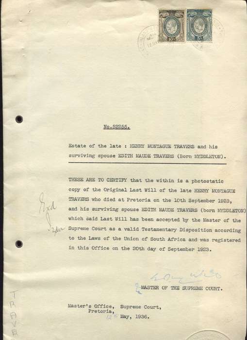 Union of SA - Document - Last Will - 1 x 10 /-  and 1 x 5 /- 1931 Stamps