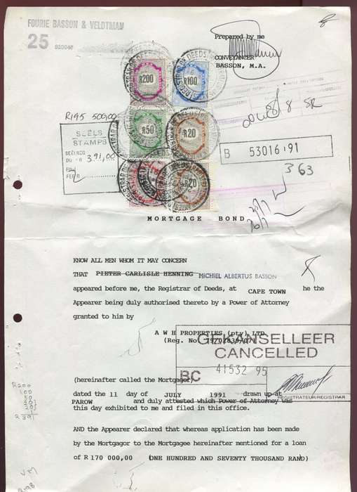 RSA - Revenue - Mortgage Bond - Front Page with 6 stamps
