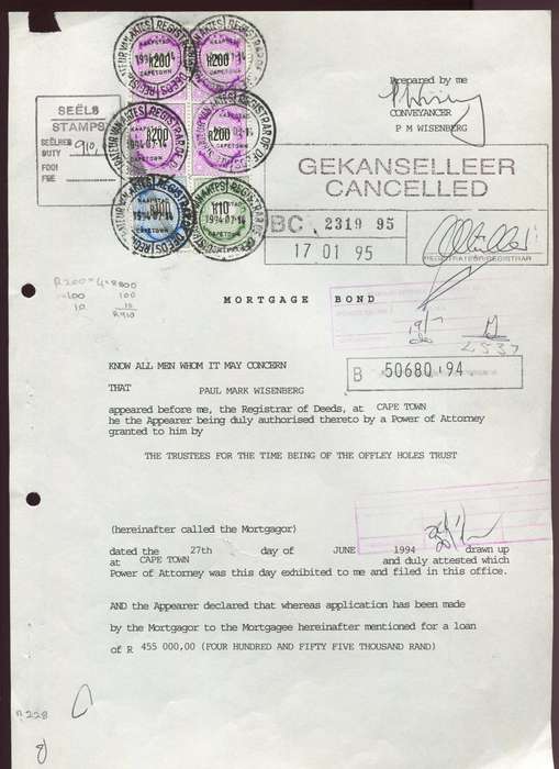 RSA - Revenue - Mortgage Bond - Front Page with 6 stamps