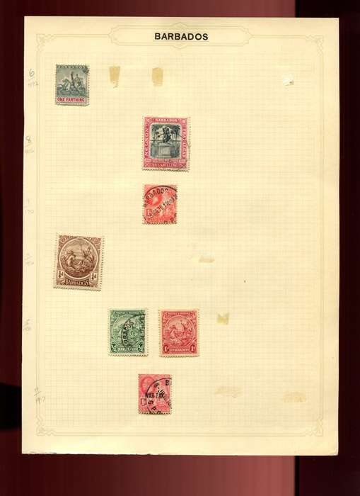 Barbados  - 7 Stamps on Old Album Page