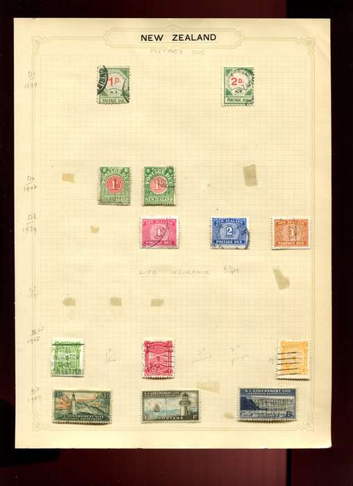 New Zealand - 13 Stamps on Old Album Page