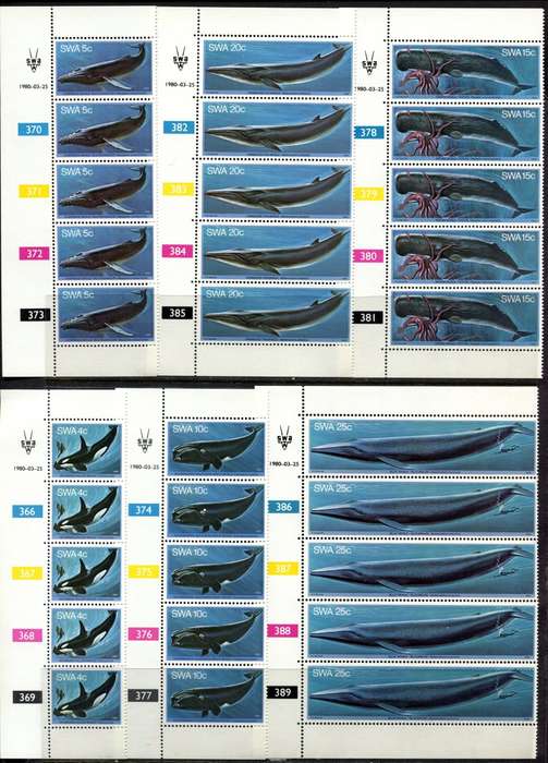 SWA - Whales - Set of 6 Control Strips of 5 - 1980 - MNH