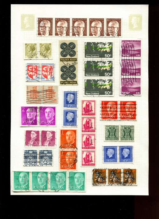 World Mix in Multiples - 46 Stamps Mounted On Old Album Page