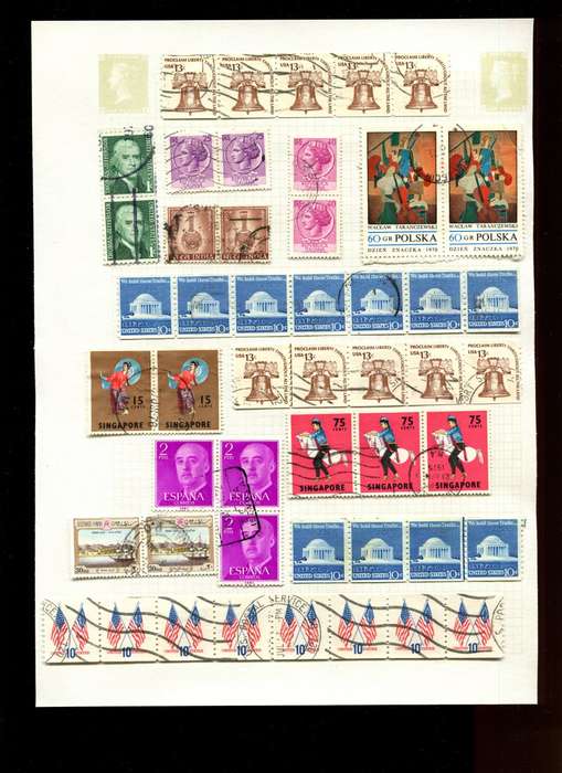 World Mix in Multiples - 49 Stamps  Mounted On Old Album Page