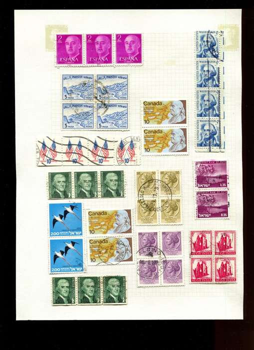 World Mix in Multiples - 41 Stamps  Mounted On Old Album Page