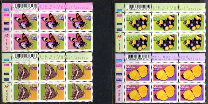 RSA  - 7th Definitive - Butterflies - Add. Values - Set of 6  Control Blocks of 6 - 2001  - MNH