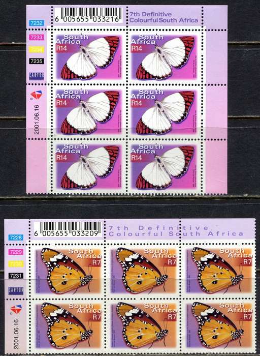 RSA  - 7th Definitive - Butterflies - Add. Values - Set of 6  Control Blocks of 6 - 2001  - MNH