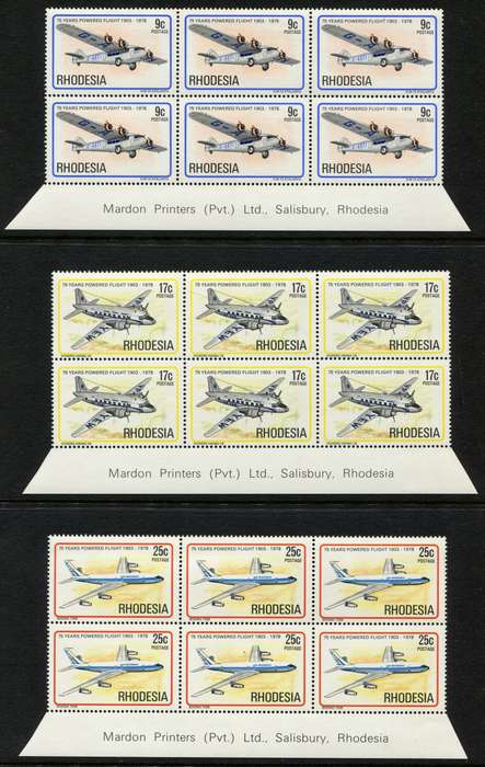 Rhodesia - Aircraft - Set of 6 Imprint Blocks of 6 - 1978 - MNH 5c Top Middel Stamp Damaged