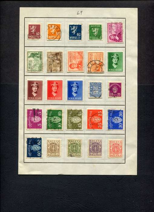 Norway/Poland - 25 Stamps Mounted (Hinged) On Old Approval Page