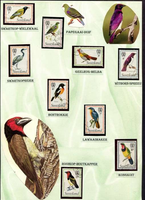 Swaziland - Birds - 15 Stamps Mounted (Hinged) on 2 Old Album Pages
