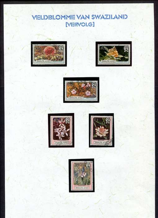 Swaziland - Flowers - 15 Stamps Mounted (Hinged) on 2 Old Album Pages