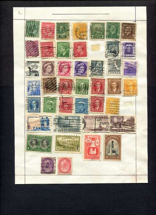 Canada - 43 Stamps Mounted (Hinged) on Old Album Page