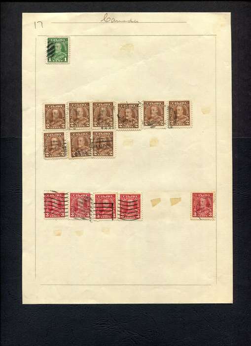 Canada - 15 Stamps Mounted (Hinged) on Old Album Page