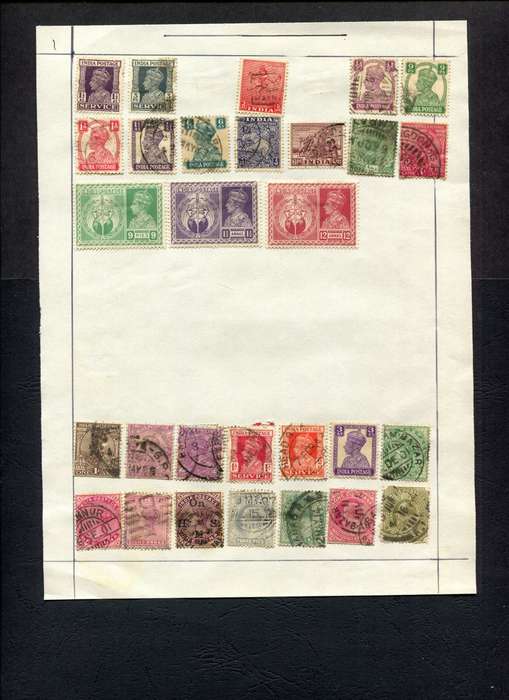 India - 29 Stamps Mounted (Hinged) on Old Album Page