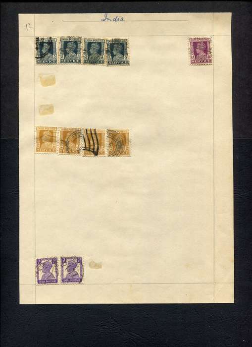 India - 11 Stamps Mounted (Hinged) on Old Album Page