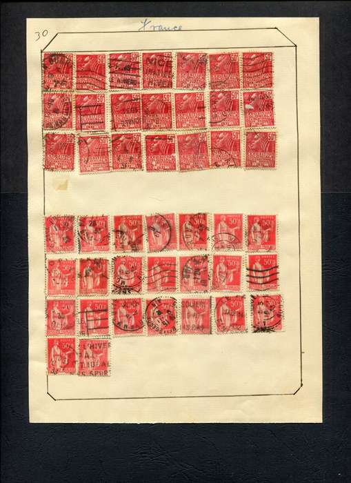 France - 44 Stamps Mounted (Hinged) on Old Album Page
