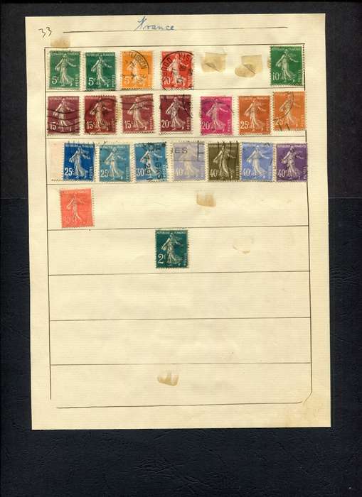 France - 21 Stamps Mounted (Hinged) on Old Album Page