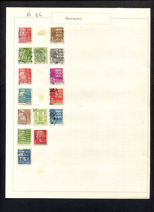 Denmark - 15 Stamps Mounted (Hinged) on Old Album Page