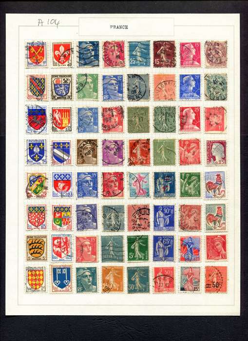 France - 64 Stamps Mounted (Hinged) on Old Album Page