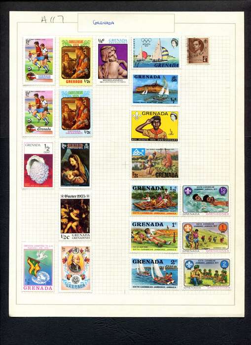 Grenada - 21 Stamps Mounted (Hinged) on Old Album Page