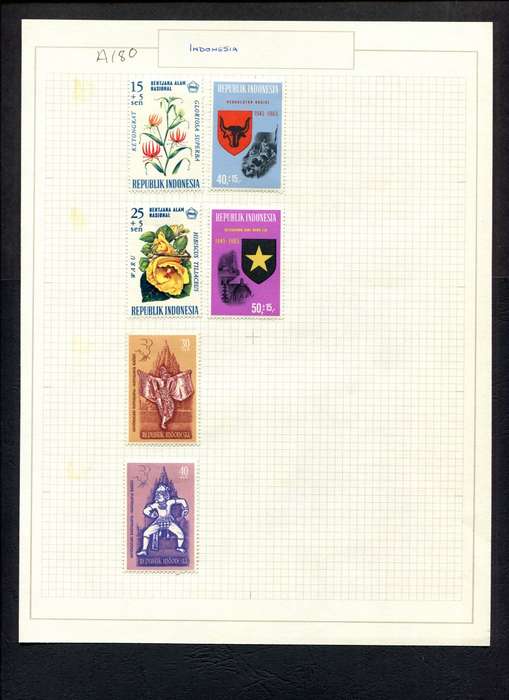 Indonesia - 6 Stamps Mounted (Hinged) on Old Album Page