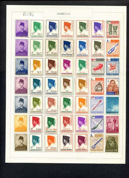 Indonesia - 49 Stamps Mounted (Hinged) on Old Album Page