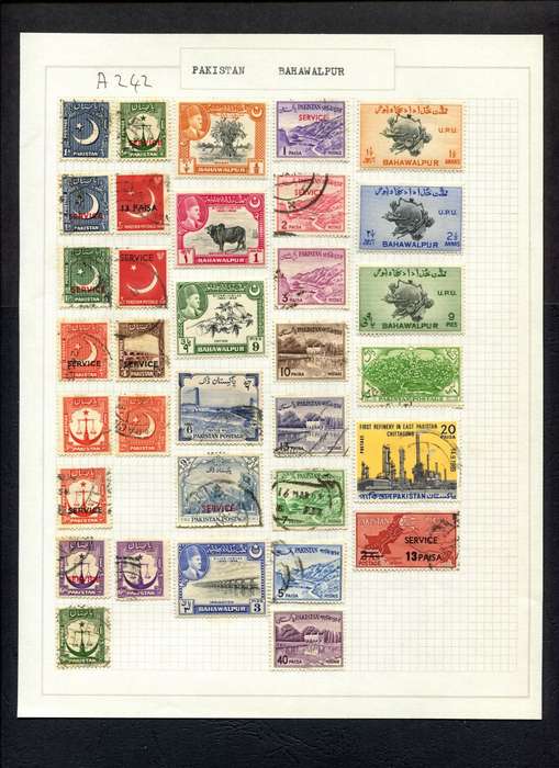 Pakistan - 34 Stamps Mounted (Hinged) on Old Album Page