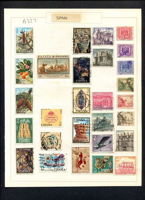 Spain - 28 Stamps Mounted (Hinged) on Old Album Page