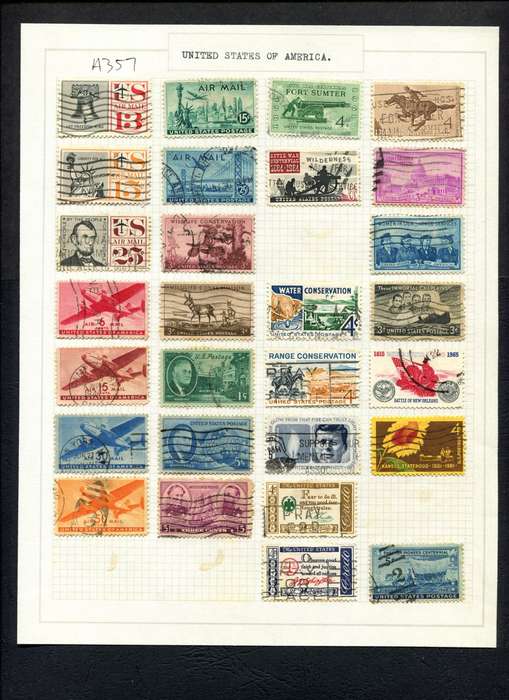 USA - 28 Stamps Mounted (Hinged) on Old Album Page