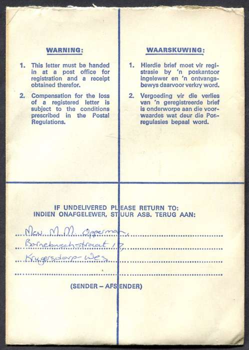 RSA - Cover Registered At Braamfontein Post Office