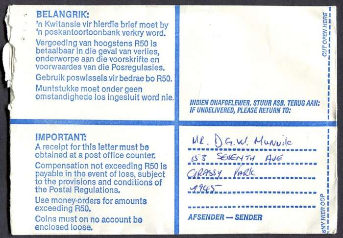 RSA - Cover Registered At Grassy Park Post Office