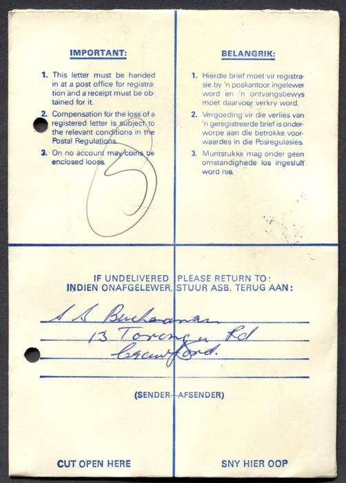 RSA - Cover Registered At Goodwood Post Office