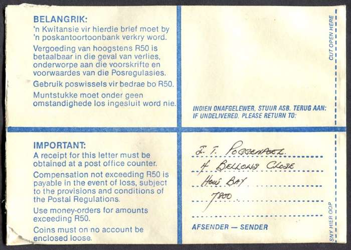 RSA - Cover Registered At Houtbaai Post Office