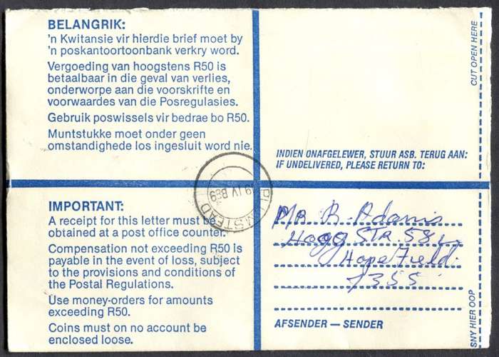 RSA - Cover Registered At Hopefield Post Office