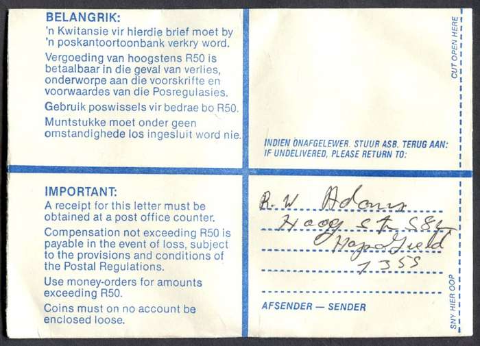 RSA - Cover Registered At Hopefield Post Office