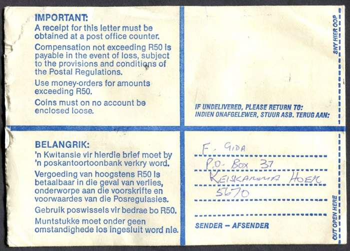 RSA - Cover Registered At King William's Town Post Office