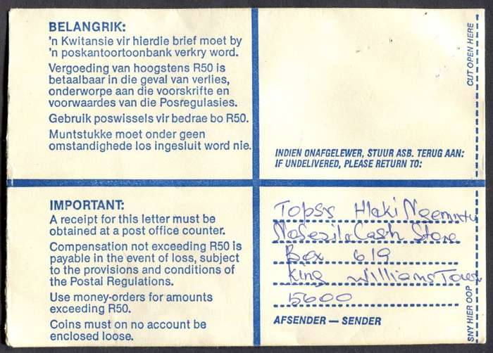 RSA - Cover Registered At King William's Town Post Office