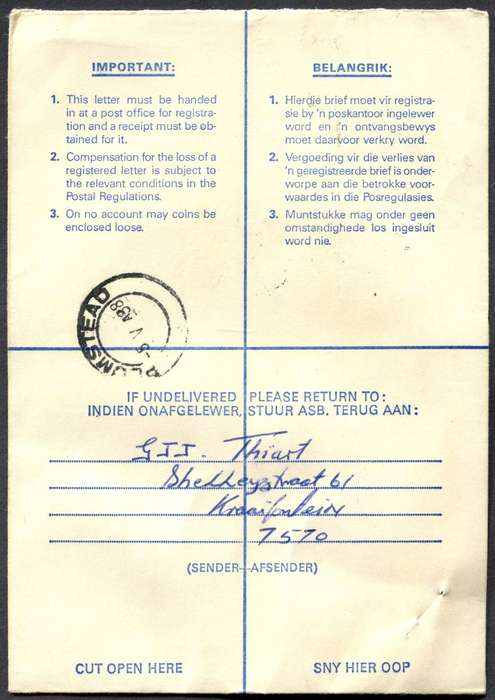 RSA - Cover Registered At Kraaifontein Post Office