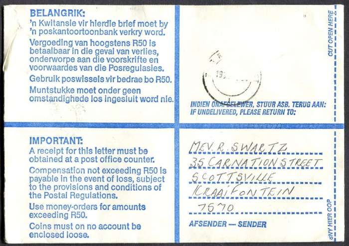 RSA - Cover Registered At Kraaifontein Post Office