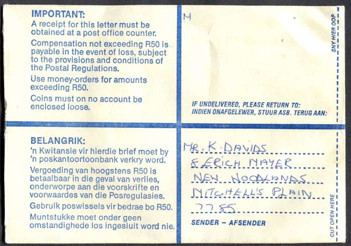 RSA - Cover Registered At Lentegeur Post Office