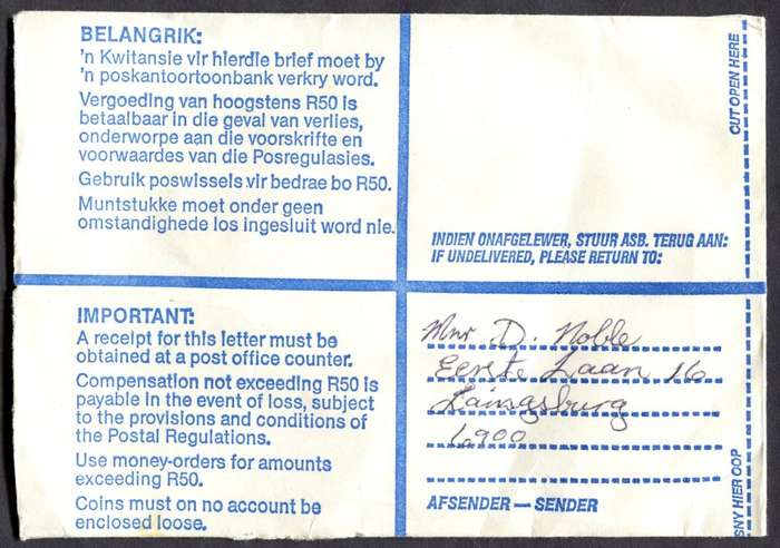 RSA - Cover Registered At Laingsburg Post Office