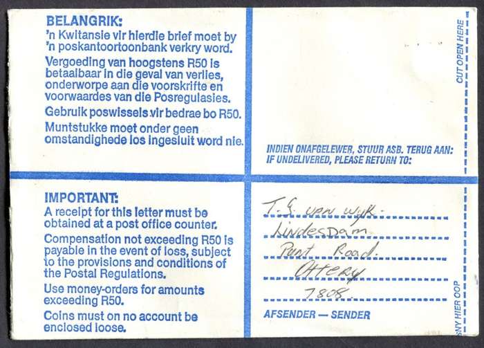 RSA - Cover Registered At Lotus River Post Office