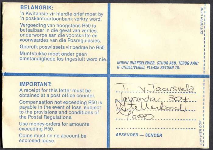 RSA - Cover Registered At Stellenbosch Post Office