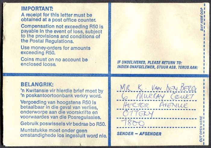 RSA - Cover Registered At Soutrivier Post Office