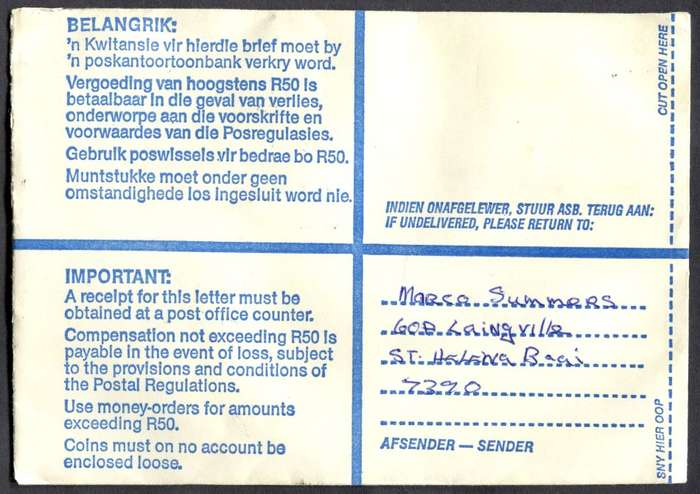 RSA - Cover Registered At St. Helenabaai Post Office