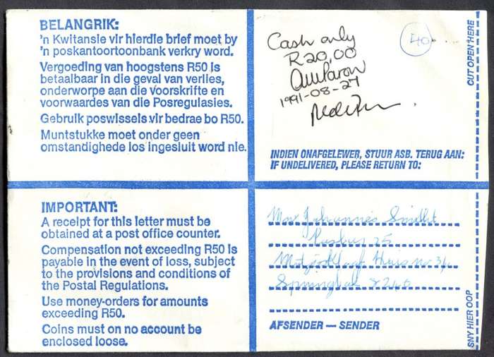 RSA - Cover Registered At Springbok Post Office