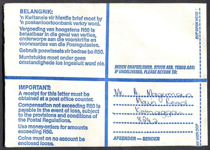 RSA - Cover Registered At Springbok Post Office