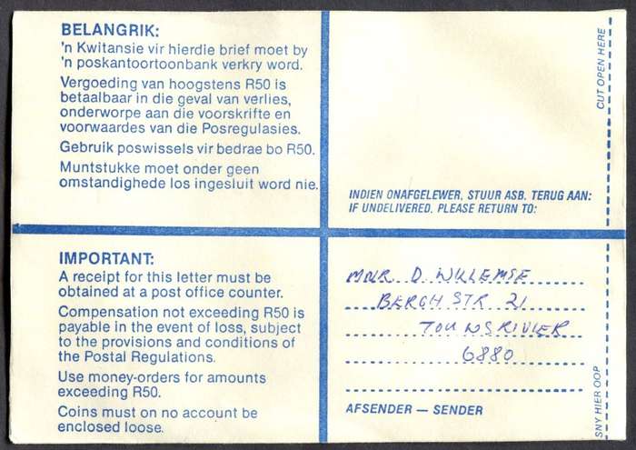 RSA - Cover Registered At Touwsrivier Post Office